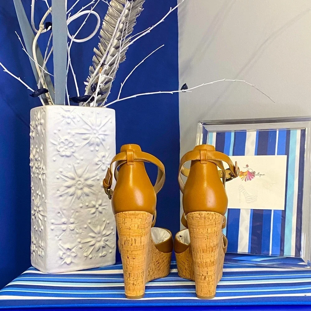 Michael Kors brown cork platform wedge strappy ankle high heel sandals Sz 10 - Picture 6 of 15